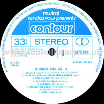 16 Chart Hits Vol. 3 UK Issue Stereo LP Contour 2870 194 Label Image Side 1