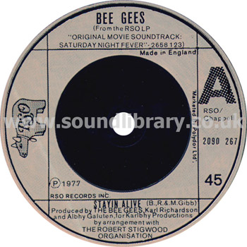 Bee Gees Stayin' Alive UK Issue 7" RSO 2090 267 Label Image Side 1