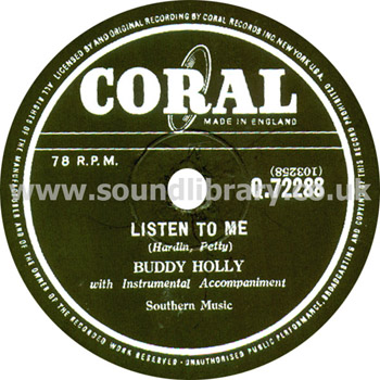 Buddy Holly I'm Gonna Love You Too UK Issue 10" 78 RPM Coral Q.72288 Label Image