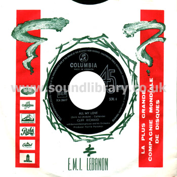 Cliff Richard All My Love Lebanon Issue 7" Columbia SCRL 6 Company Sleeve & Label Image