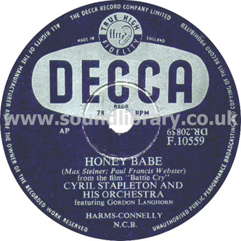 Cyril Stapleton and His Orchestra Honey Babe UK Issue 10" 78rpm Decca F.10559 Label Image