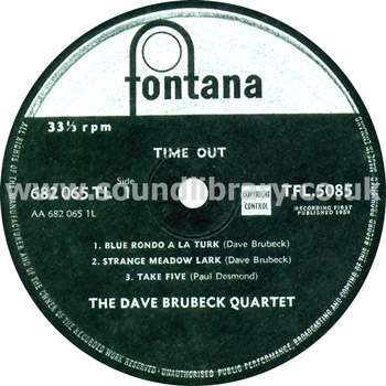 The Dave Brubeck Quartet Time Out UK Issue LP Fontana TFL 5085 Label Image