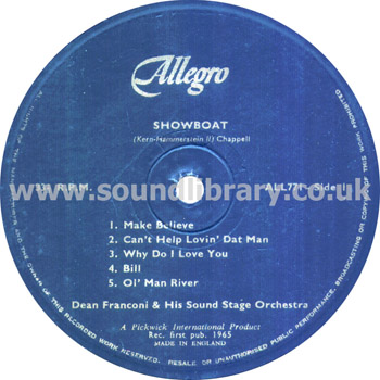 Showboat & Roberta Dean Franconi & His Sound Stage Orchestra UK LP Allegro ALL 771 Label Image