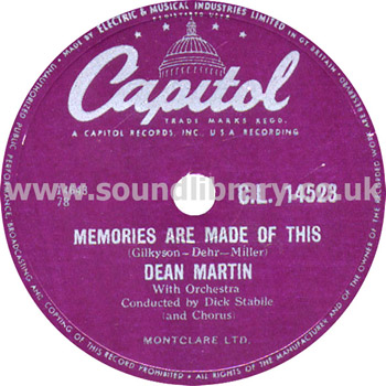 Dean Martin Memories Are Made Of This UK Issue 10" 78rpm Capitol CL.14523 Label Image