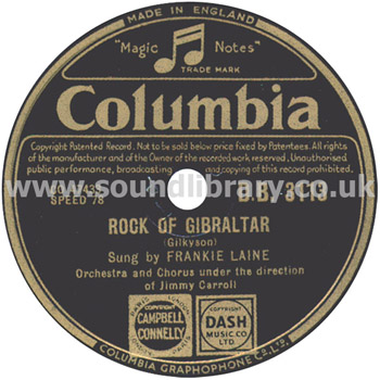 Frankie Laine Rock of Gibraltar UK Issue 10" 78rpm Columbia D.B. 3113 Label Image