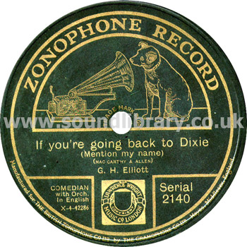 G.H. Elliott If You're Going Back To Dixie UK Issue 10" 78rpm Zonophone Record 2140 Label Image