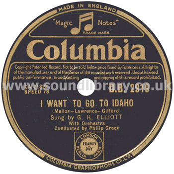 G.H. Elliott I Want To Go To Idaho UK Issue 78 RPM 78 - 10" Label Image