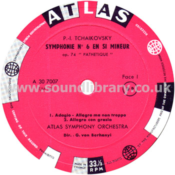 G Von Berhanyi Tchaikovsky Symphonie No. 6 Pathetique France Issue LP Atlas A 30 7007 Label Image