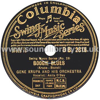 Gene Krupa and His Orchestra Boogie Blues UK Issue 10" 78rpm Columbia DB. 2316 Label Image