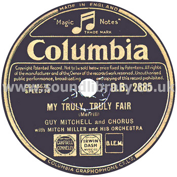 Guy Mitchell My Truly Truly Fair UK Issue 78 - 10" Columbia D.B. 2885 Label Image