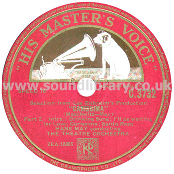 Hans May Carissima - Part 1 / Part 2 UK Issue 12" 78rpm HMV C.3732 Label Image