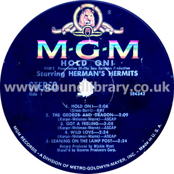 Herman's Hermits Hold On! USA Issue Stereo LP MGM SE4342 Label Image Side 1