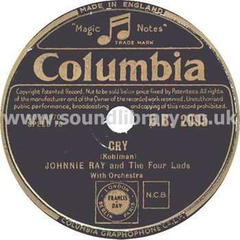 Johnnie Ray Cry UK Issue 10" 78rpm Columbia D.B. 2995 Label Image