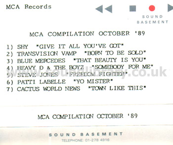 MCA Compilation October 89 Transvision Vamp Steve Jones Shy Blue Mercedes Promo MC Front Inlay Card