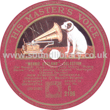 Dr. Malcolm Sargent  New Symphony Orchestra Merrie England UK 12" 78rpm HMV C 2196 Label Image Side 1