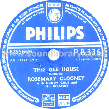 Rosemary Clooney This Ole House UK Issue 10" 78rpm Philips P.B.336 Label Image