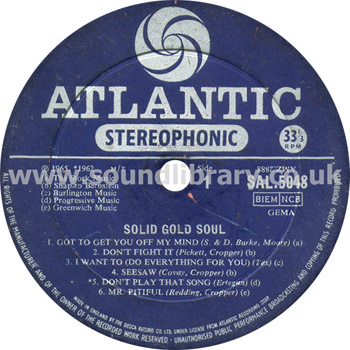 Solid Gold Soul Various Artists UK Issue Stereo LP Atlantic SAL 5048 Label Image Side 1
