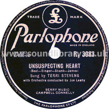 Terri Stevens Unsuspecting Heart UK Issue 10" 78rpm Parlophone R. 3983 Label Image